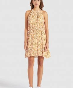 Khujo KELSA - Vestido Informal - Ocker Geblümt, Mujer