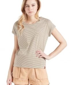 Khujo BABSI - Camiseta Estampada - Weiß Ocker Gestreift, Mujer