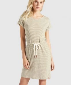 Khujo ANNEMARIE - Vestido Ligero - Weiß-ocker Gestreift, Mujer