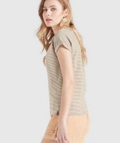 Khujo BABSI - Camiseta Estampada - Weiß Ocker Gestreift, Mujer -KHUJO Tienda f114b2e04f43466495f9c4d6740c9d12